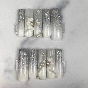XL square white press on nails rhinestones glitter ombré acrylic flowers custom